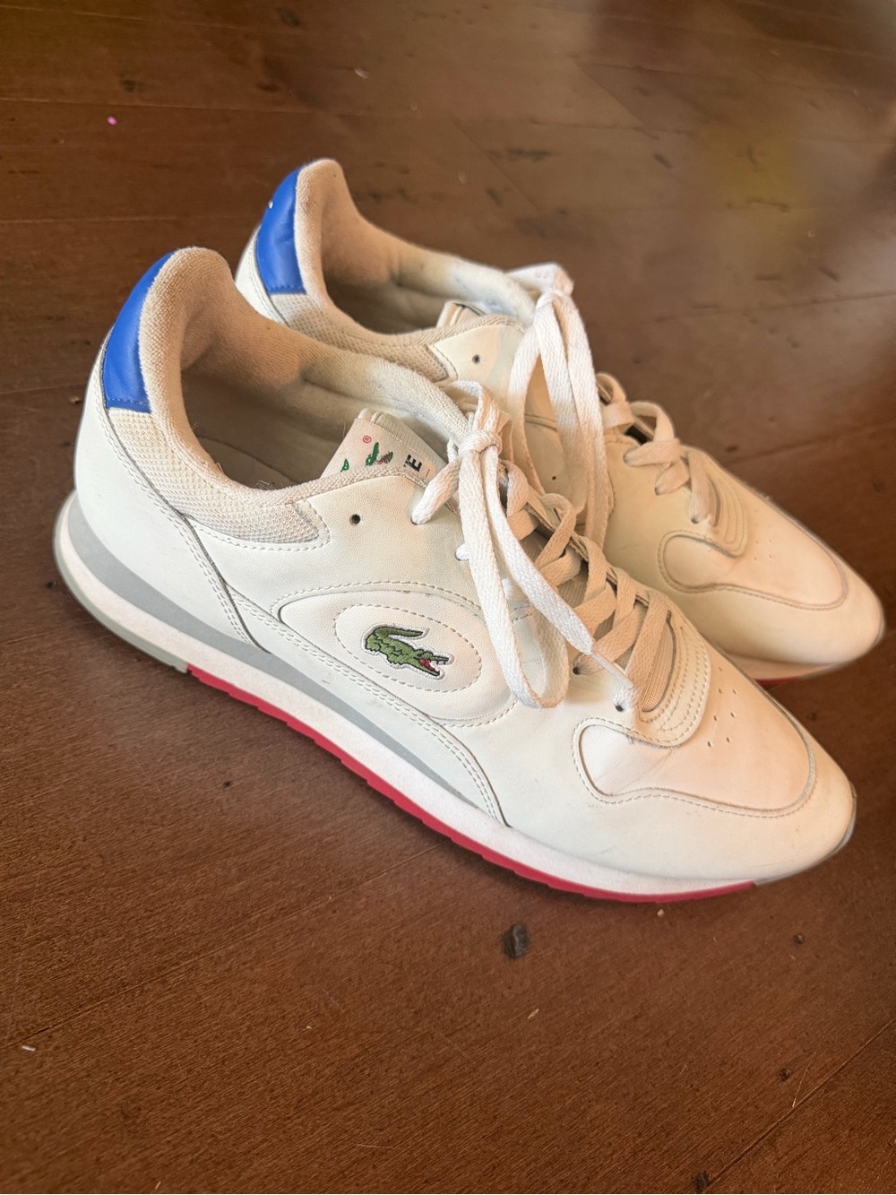 Lacoste White Leather Sneakers with Blue Heel and Red Outsole size US11